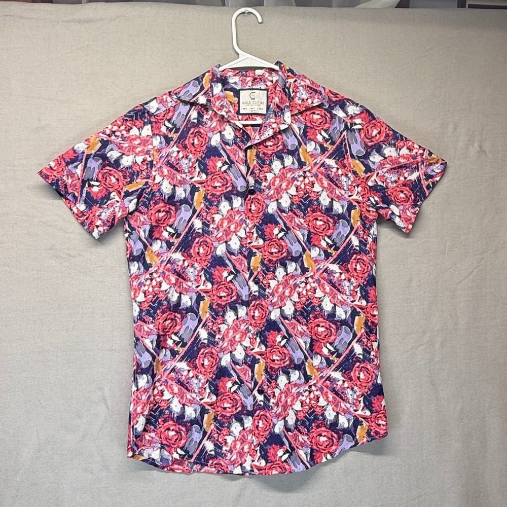 Suslo Couture Button Down Mens Small Red Purple Floral Rose Slim Fit Shirt